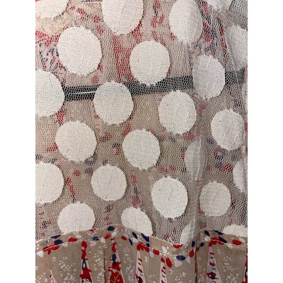 Tulle short sleeved top Medium Tan/Navy/Red colors beautiful tulle insert - Picture 11 of 14